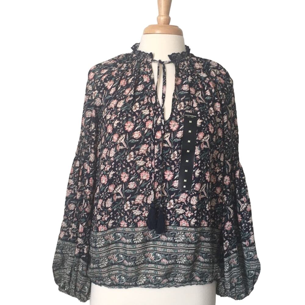 Lucky Brand navy, pink & green print sheer long sleeve blouse size medium